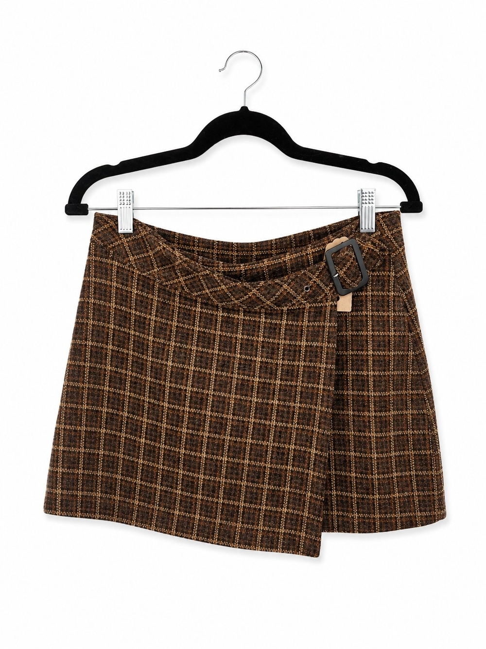 Vintage Express Brown Plaid Wrap Mini Skirt with Buckle Detail